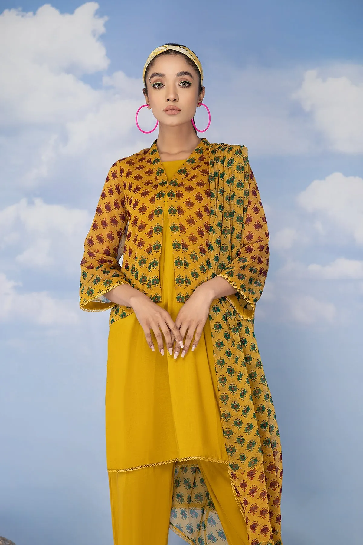 3-Pc Chiffon Printed Jacket With Chiffon Dupatta and Plain Trouser CPV23-07-S