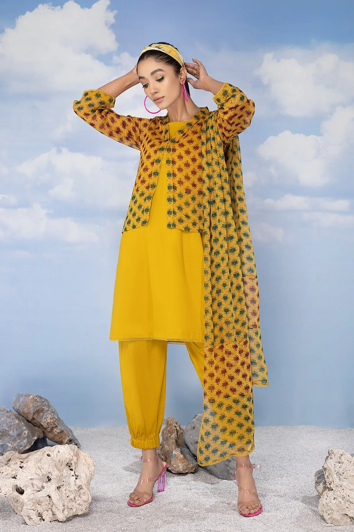 3-Pc Chiffon Printed Jacket With Chiffon Dupatta and Plain Trouser CPV23-07-S