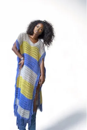 Agatha Hand Knit Blue White Yellow Poncho