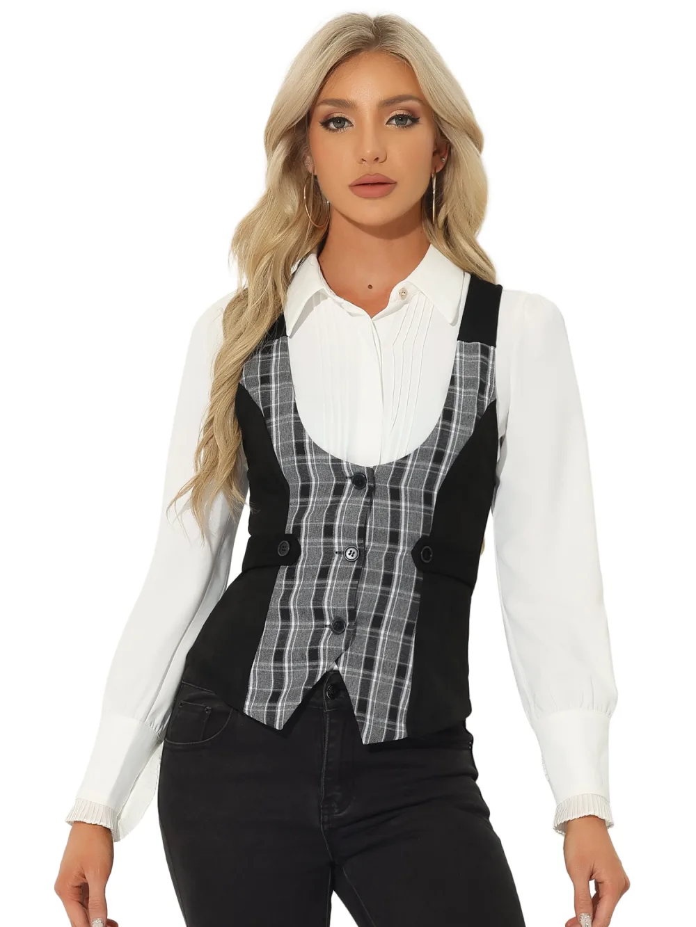 Allegra K- Plaid Button Down Panel Vests