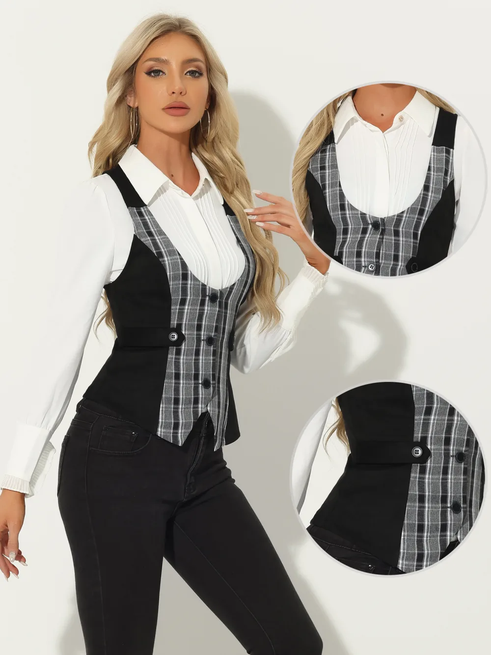 Allegra K- Plaid Button Down Panel Vests