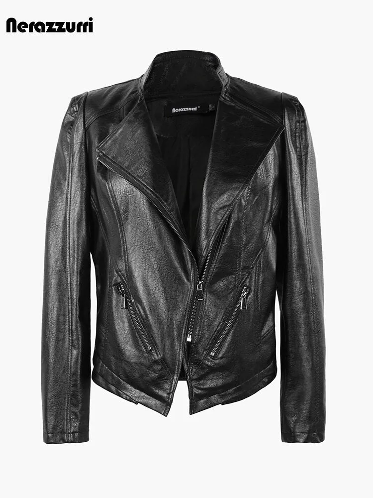 Autumn Short Cool Fitted Lightweight Black Pu Leather Biker Motorcycle Jacekt Women Zipper Long Sleeve 2023