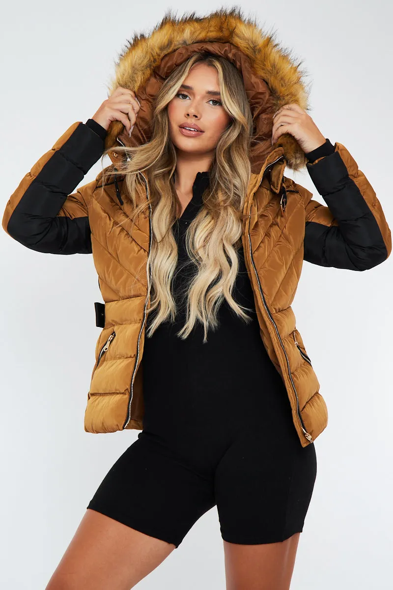 Camel Fur Hood Contrast Panel Puffer Jacket - Marloe