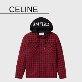 CELINE  |Button-down Tartan Long Sleeves Cotton Logo Luxury Shirts