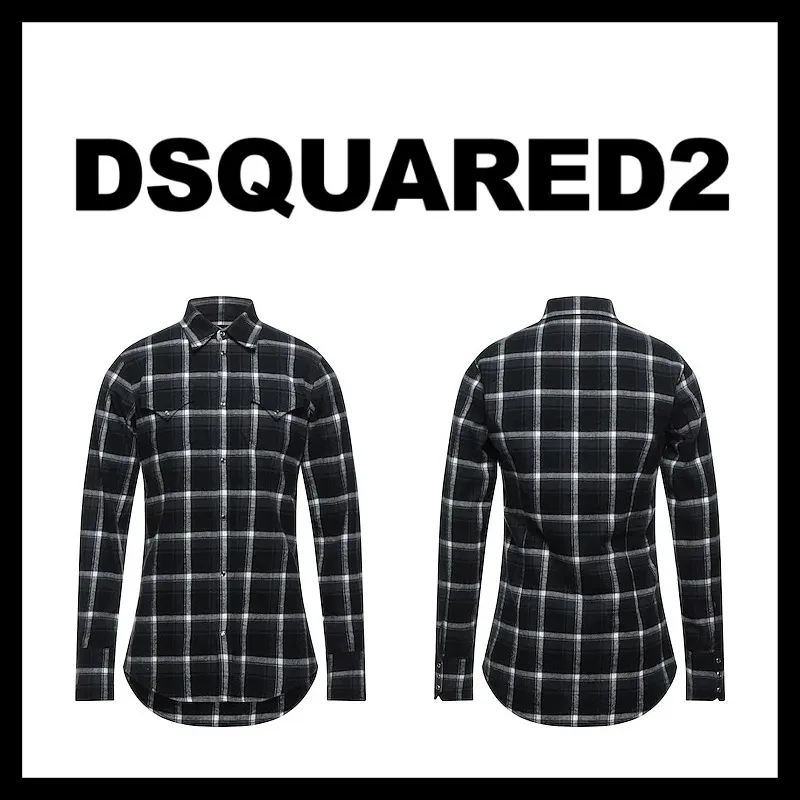 D SQUARED2  |Button-down Tartan Long Sleeves Cotton Logo Luxury Shirts