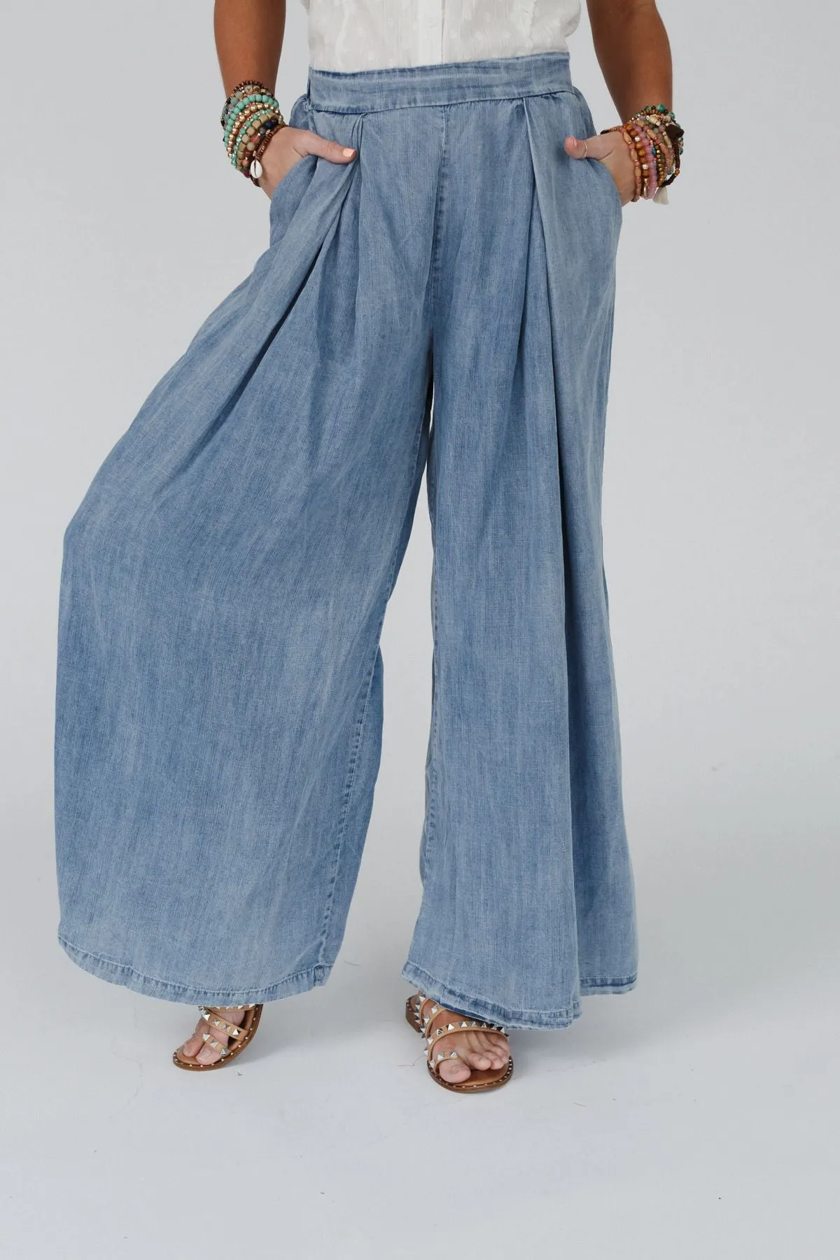 Daily Pleated Flowy Pants - Denim