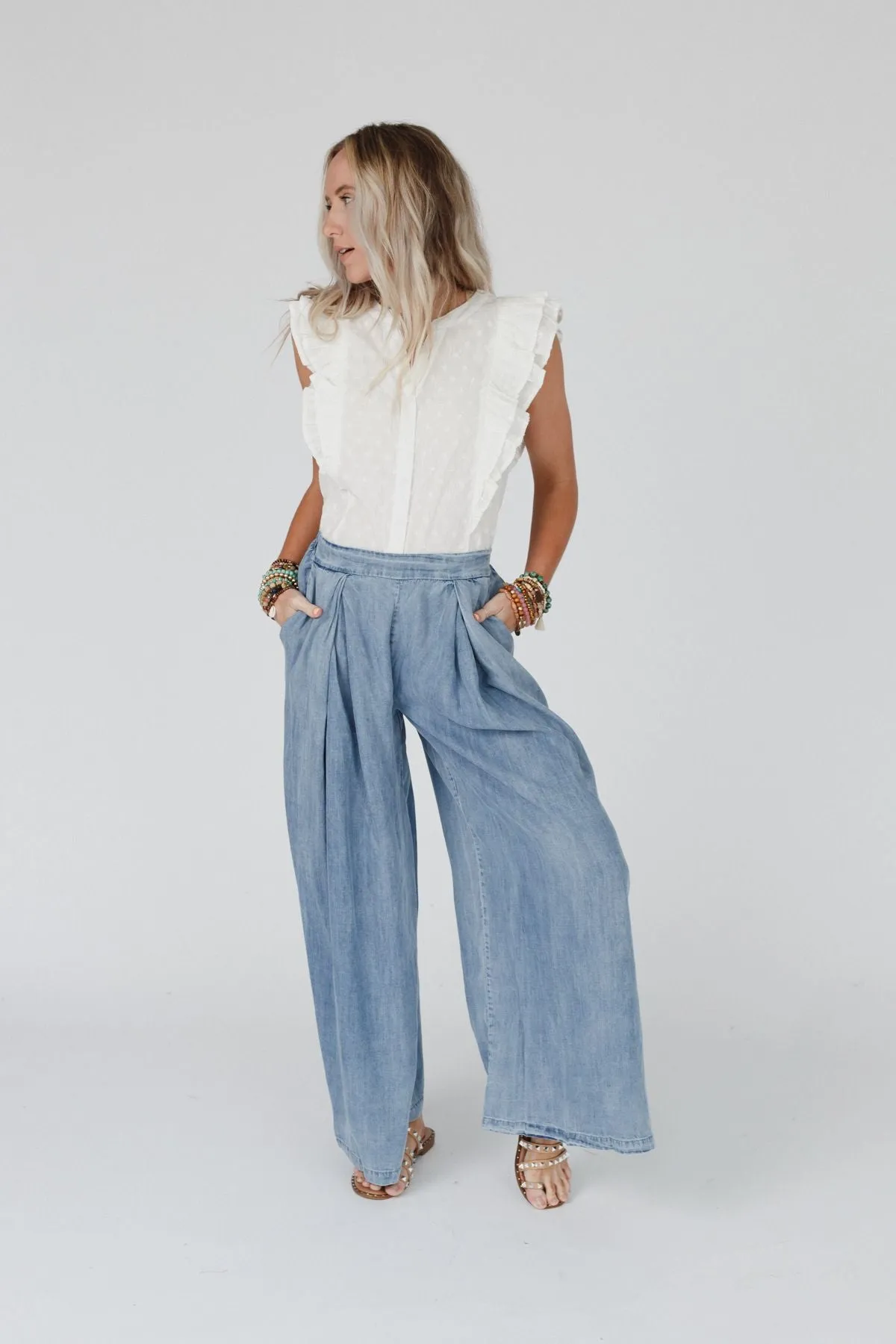 Daily Pleated Flowy Pants - Denim