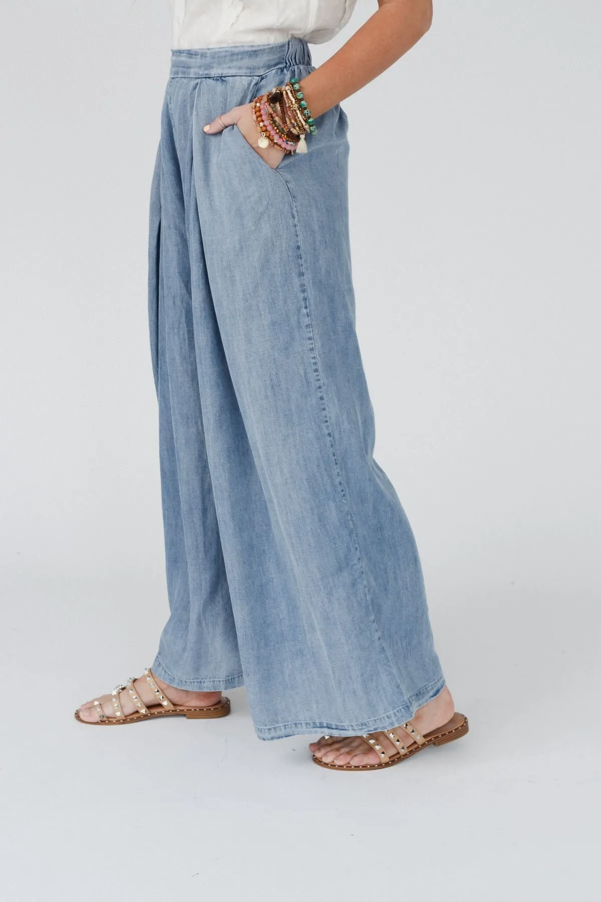 Daily Pleated Flowy Pants - Denim