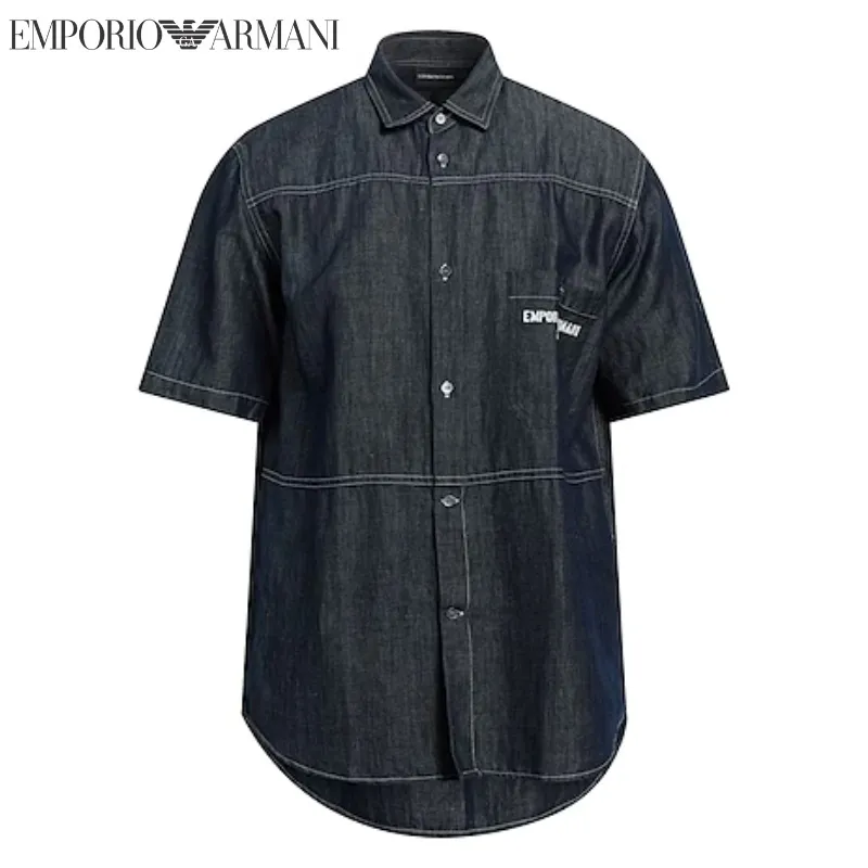 EMPORIO ARMANI  |Button-down Denim Short Sleeves Logo Shirts