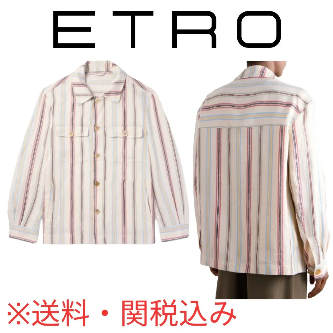 ETRO  |Button-down Stripes Unisex Linen Long Sleeves Oversized