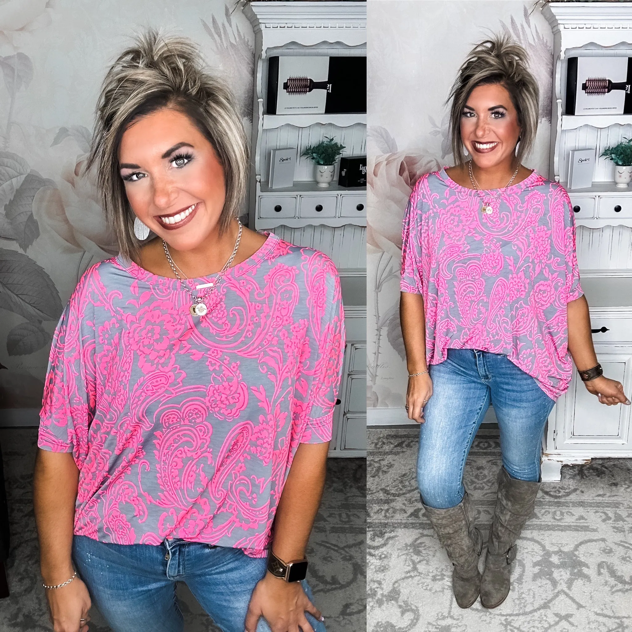 Feeling Free Tunic Top - Grey/Pink