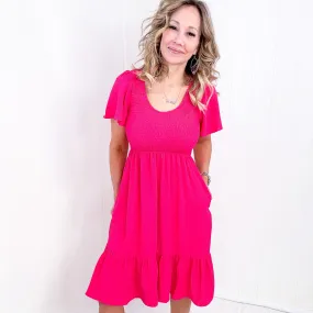 Fuchsia Smocked Fit and Flare Flutter Sleeve Dress