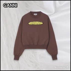 Ganni  |Crew Neck Street Style Long Sleeves Plain Cotton Logo