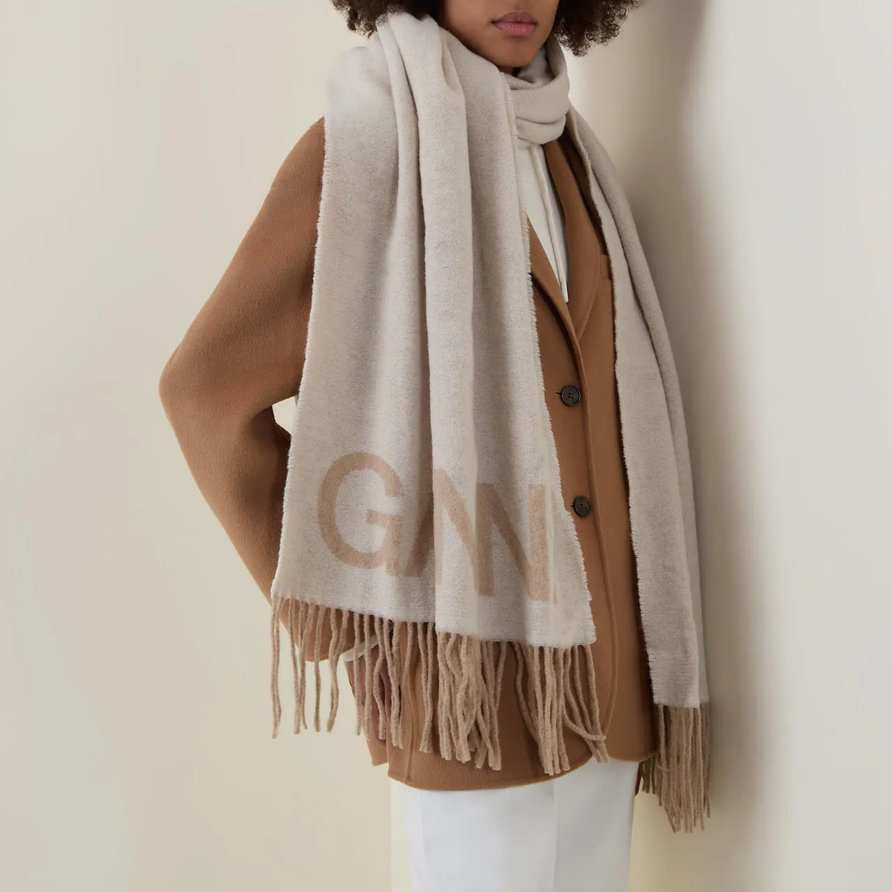 GANNI The Sustainable Edit Fringed Logo Scarf - Egret