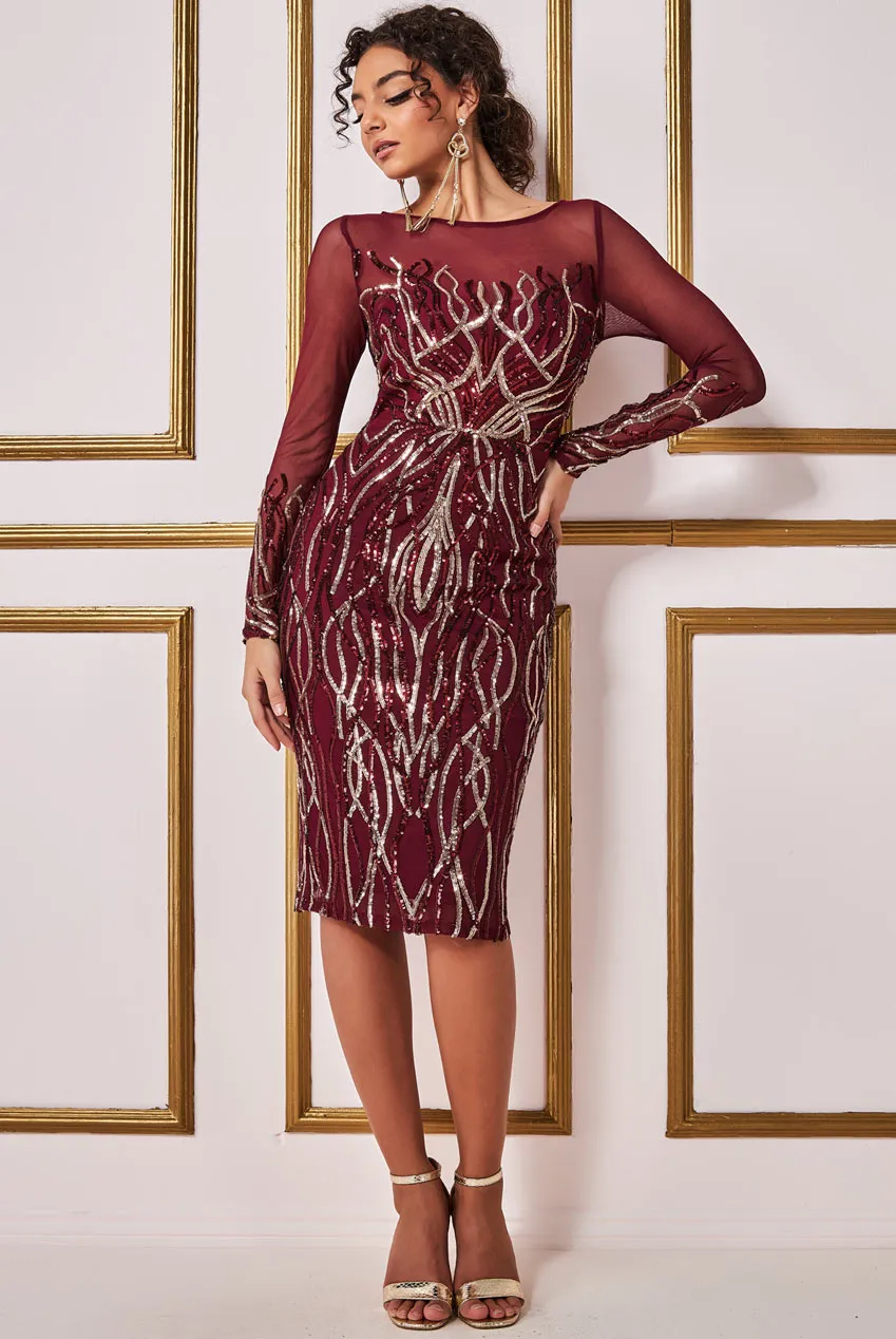 Goddiva Long Sleeve Sequin Flame Midi Dress