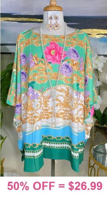 Green, Floral, Scroll print poncho top