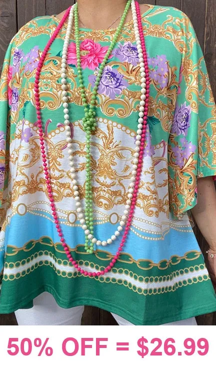 Green, Floral, Scroll print poncho top