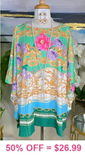 Green, Floral, Scroll print poncho top