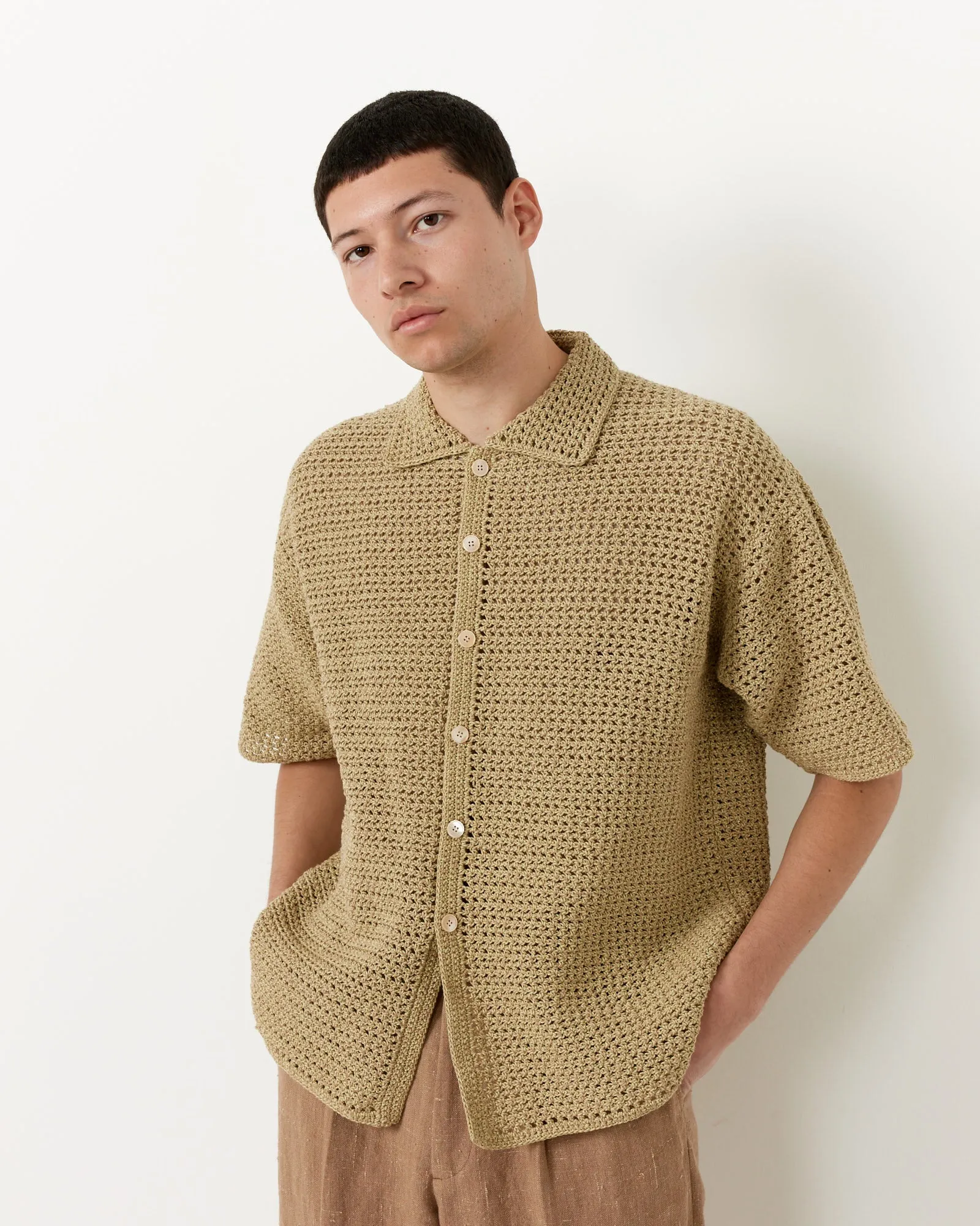 Hand Crochet Shirt in Khaki Beige