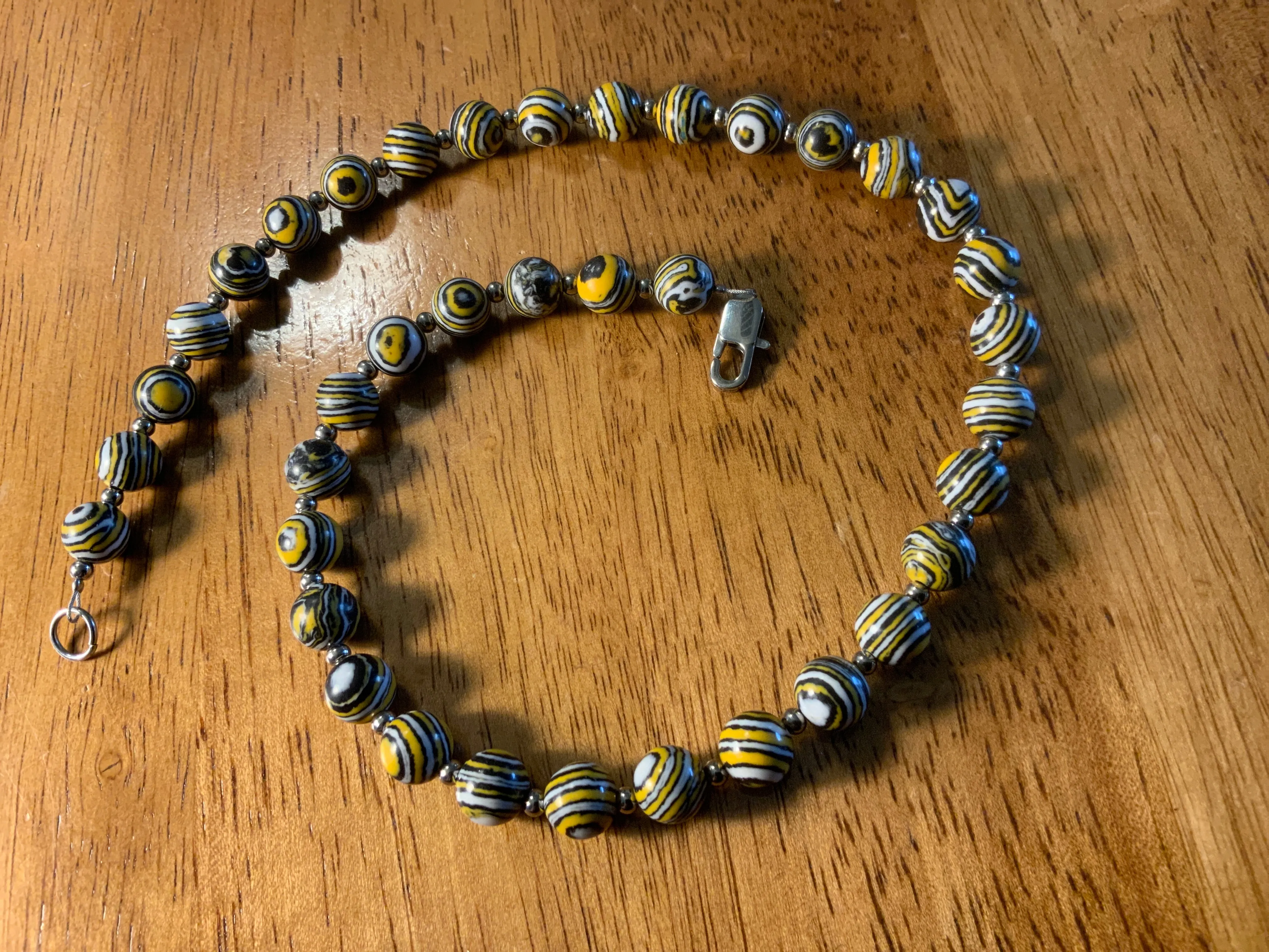 Handcrafted Yellow Jacket stone 16” necklace with hypoallergenic stainless steel beads and clasp.  EP144