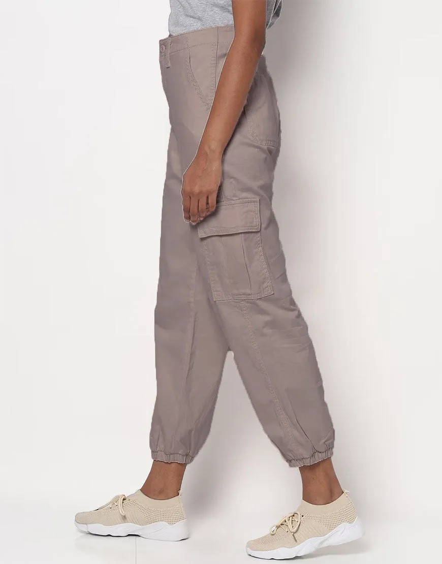 High Rise Denim Cargo Joggers in Light Brown