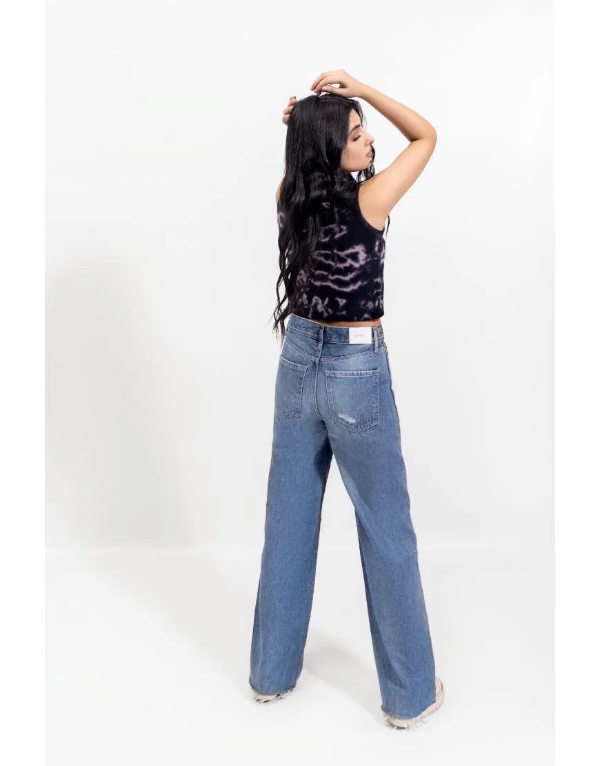 High Waisted Medium Wash Ripped Wide Leg Jeans Blue Stone