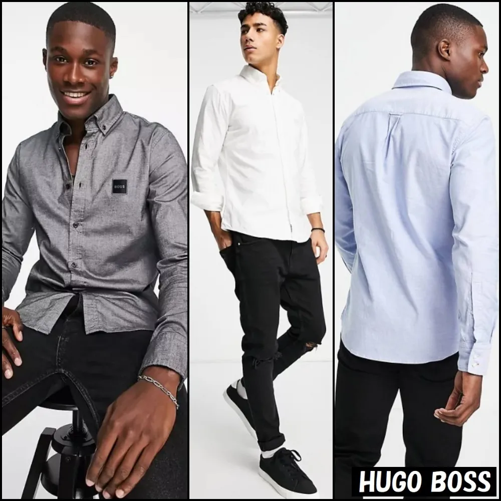 Hugo Boss  |Button-down Long Sleeves Plain Cotton Logo Shirts