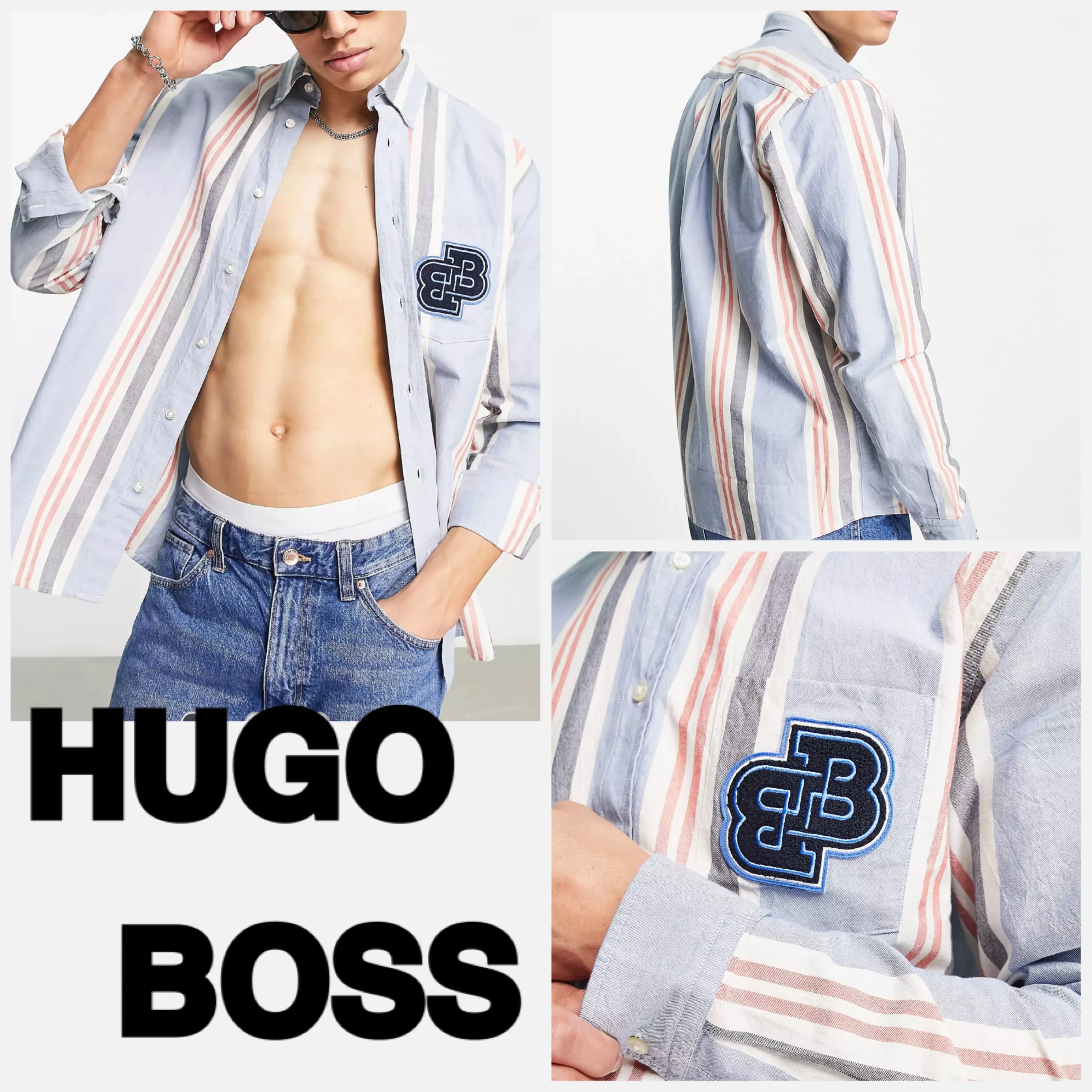 Hugo Boss  |Button-down Stripes Long Sleeves Cotton Logo Shirts