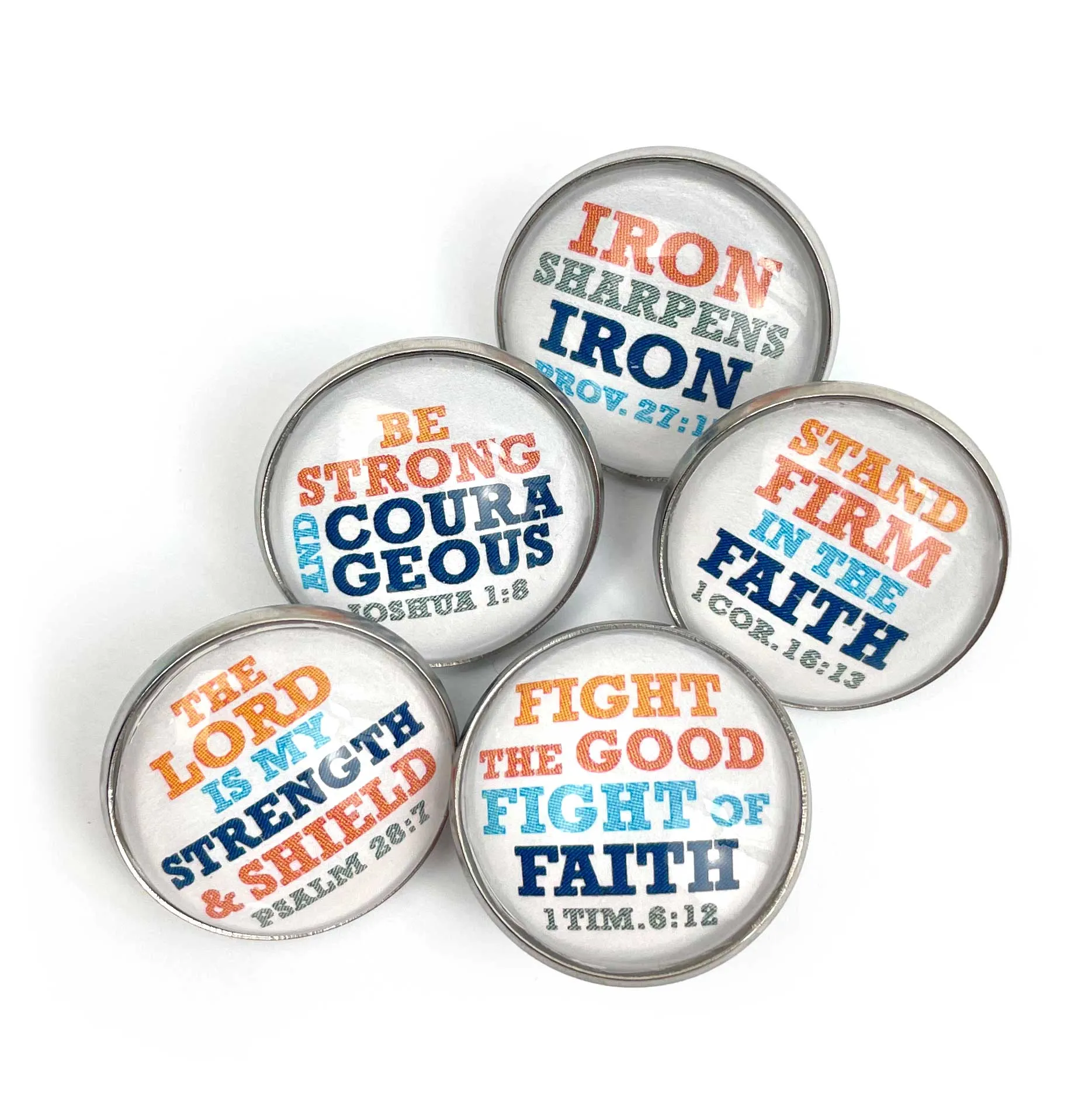 Iron Sharpens Iron Set of Glass Pinback Buttons, Lapel Pins