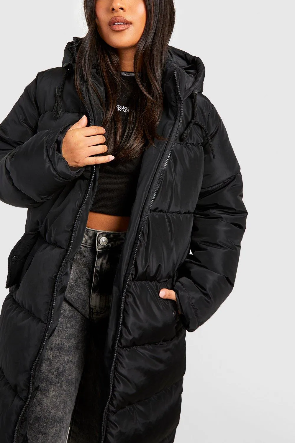 Jackets & Coats | Petite Longline Hooded Padded Puffer Jacket | boohoo