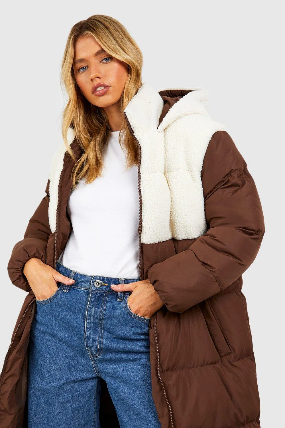 Jackets & Coats | Teddy Panelled Longline Puffer Jacket | boohoo