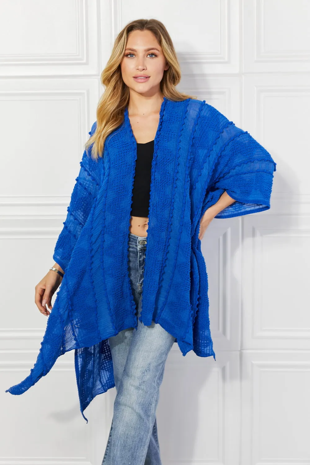 Justin Taylor Pom-Pom Asymmetrical Poncho Cardigan in Blue