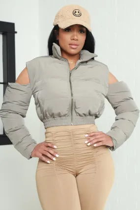 Kidding Me Exposed Shoulder Puffer Jacket - Sage Gray