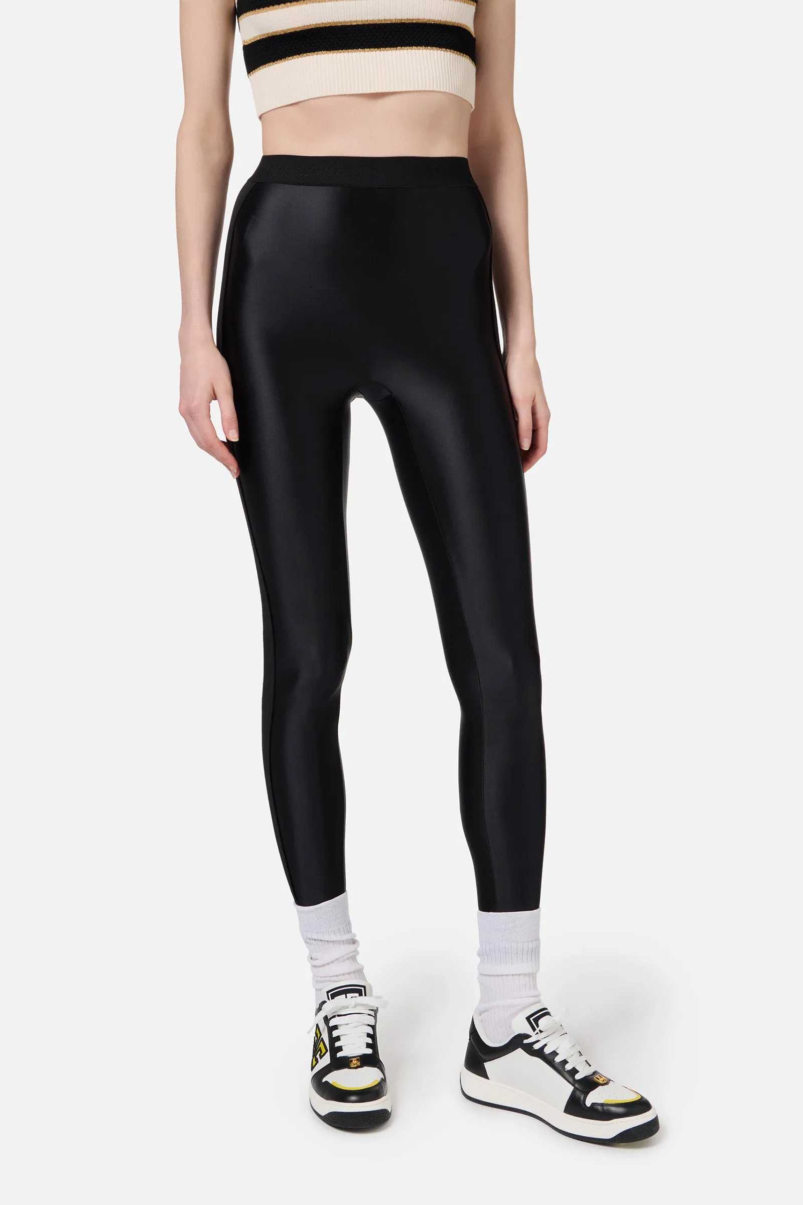 Leggings in lycra lucida con elastico logato