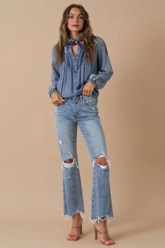 Mid Rise Crop Flare Denim