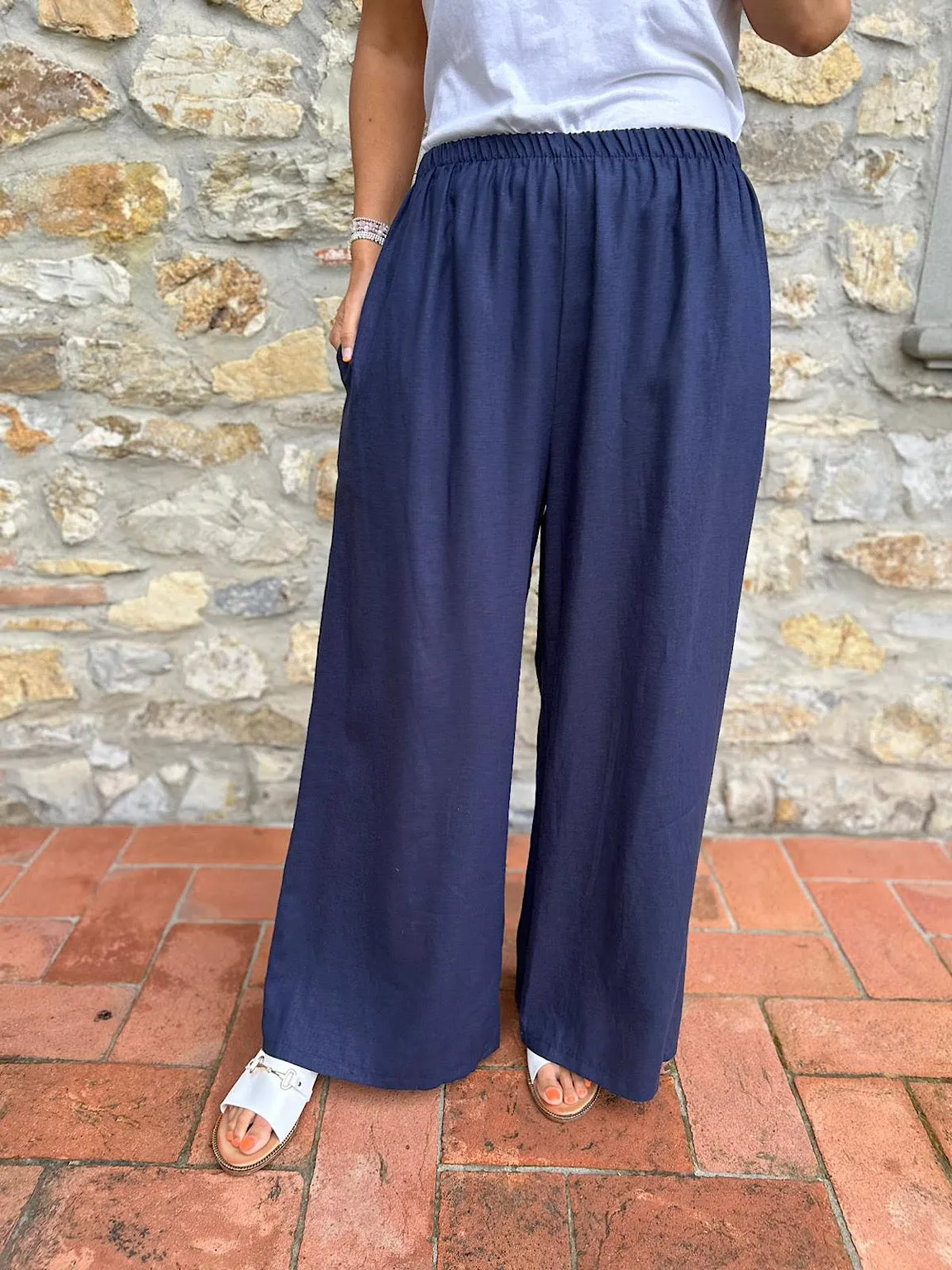 Navy Linen Blend Wide Leg Trousers Harriet