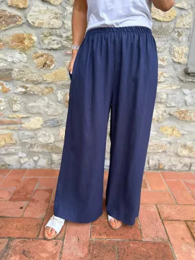 Navy Linen Blend Wide Leg Trousers Harriet