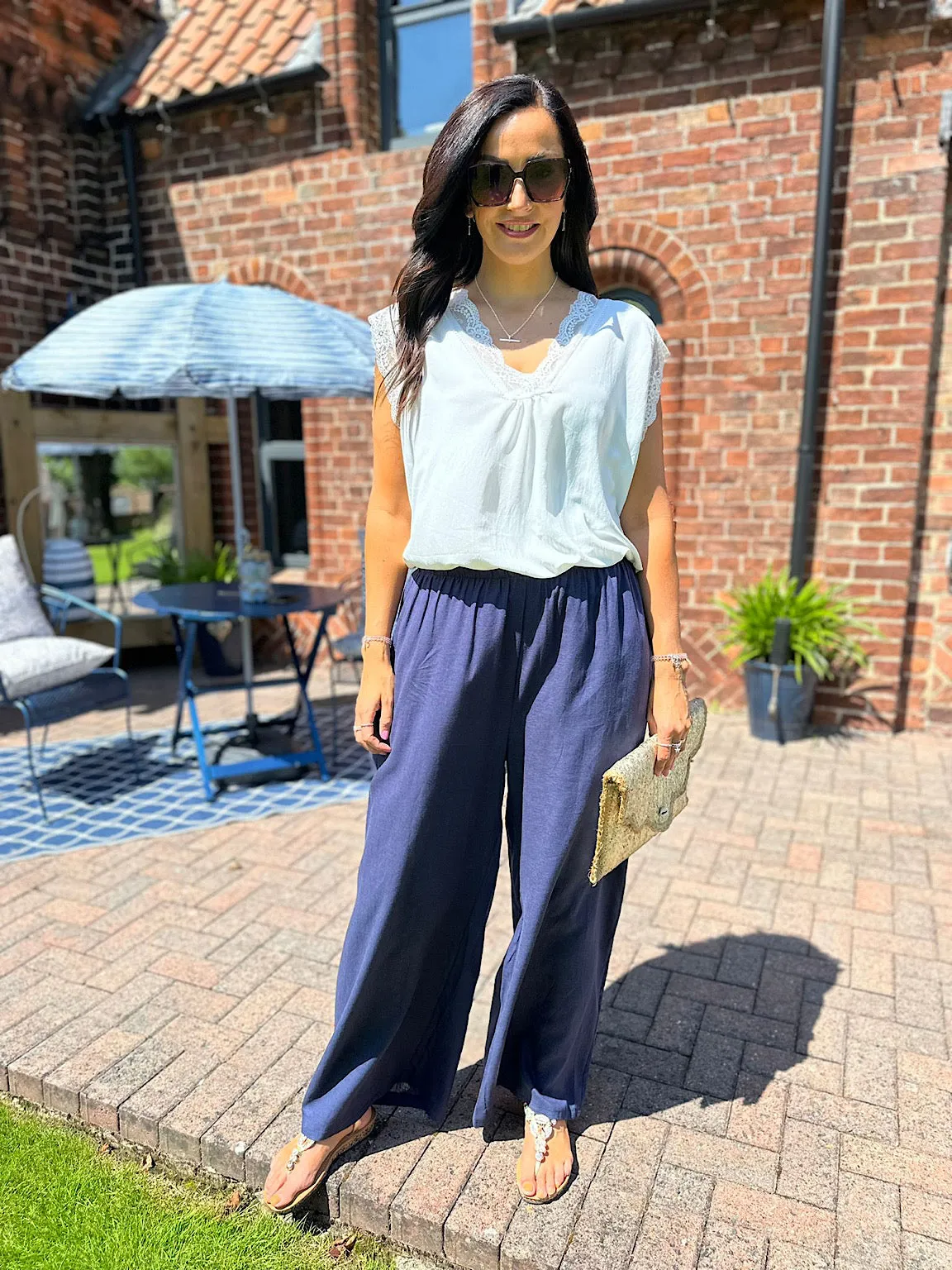 Navy Linen Blend Wide Leg Trousers Harriet