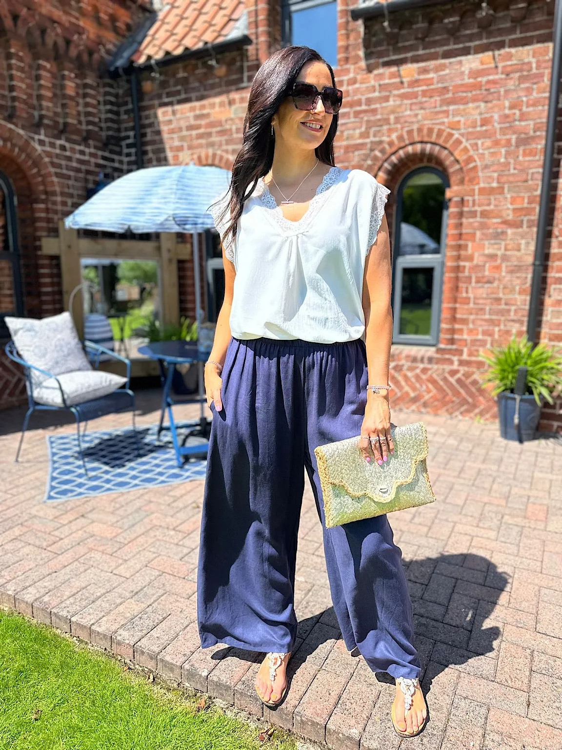 Navy Linen Blend Wide Leg Trousers Harriet