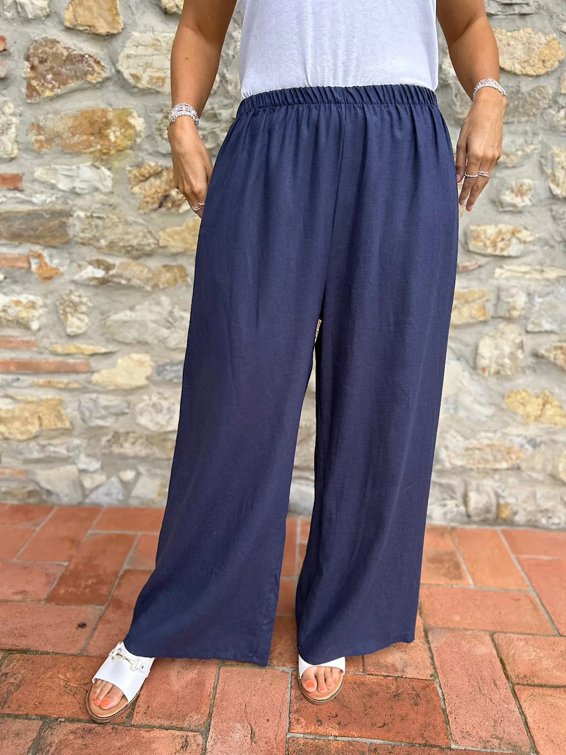 Navy Linen Blend Wide Leg Trousers Harriet