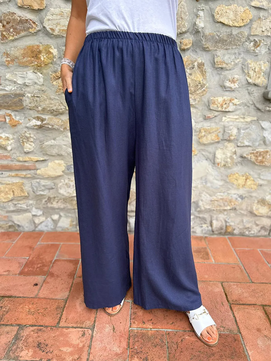 Navy Linen Blend Wide Leg Trousers Harriet