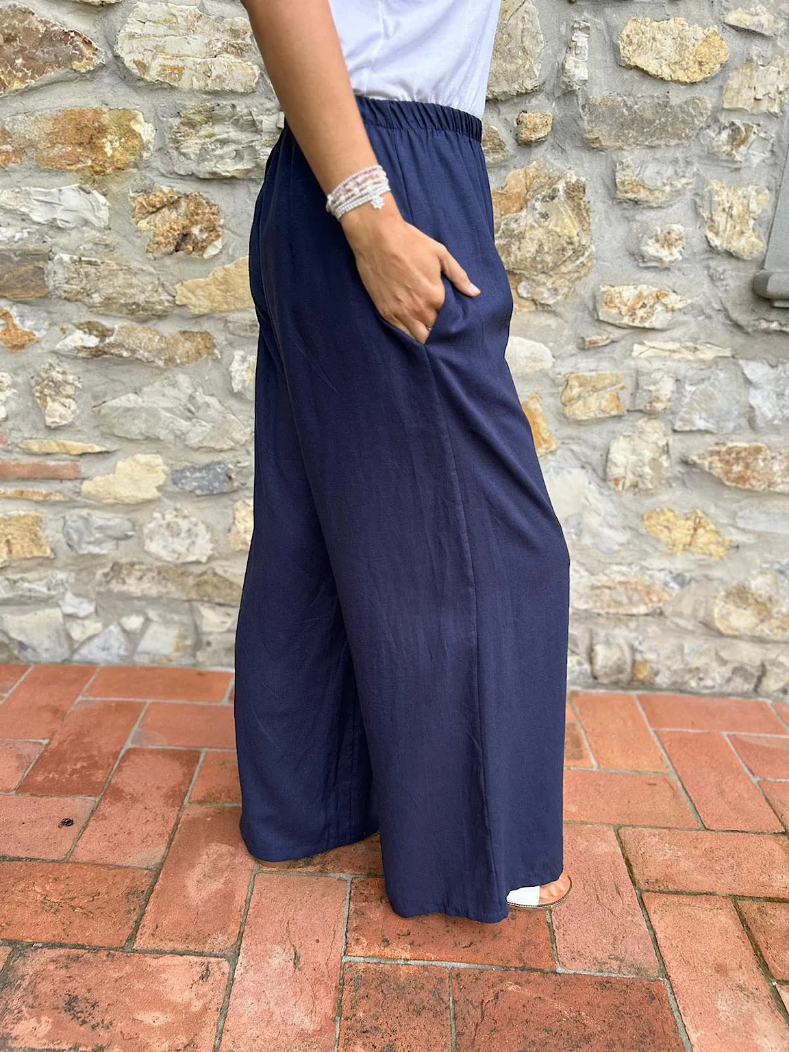 Navy Linen Blend Wide Leg Trousers Harriet