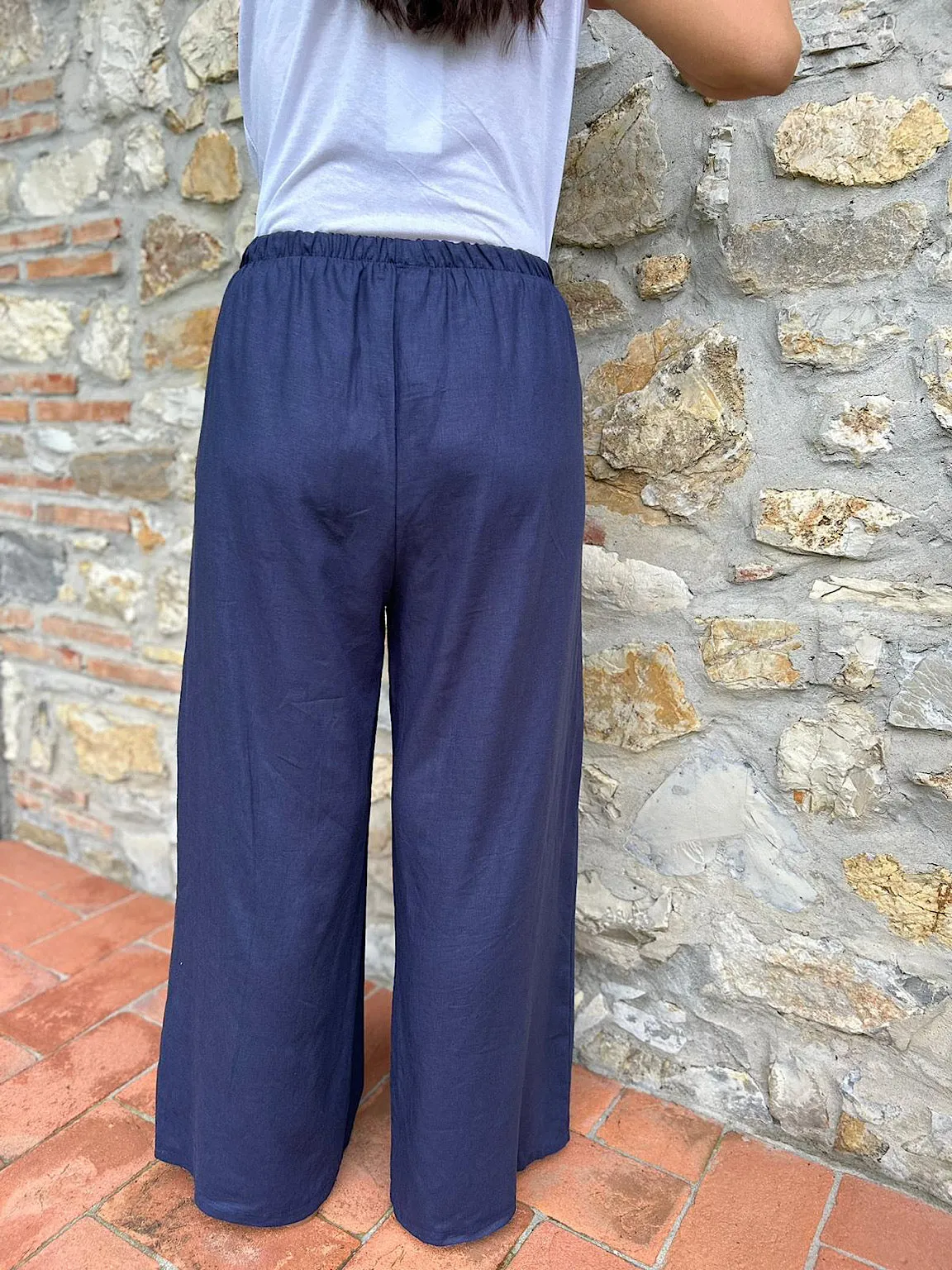 Navy Linen Blend Wide Leg Trousers Harriet