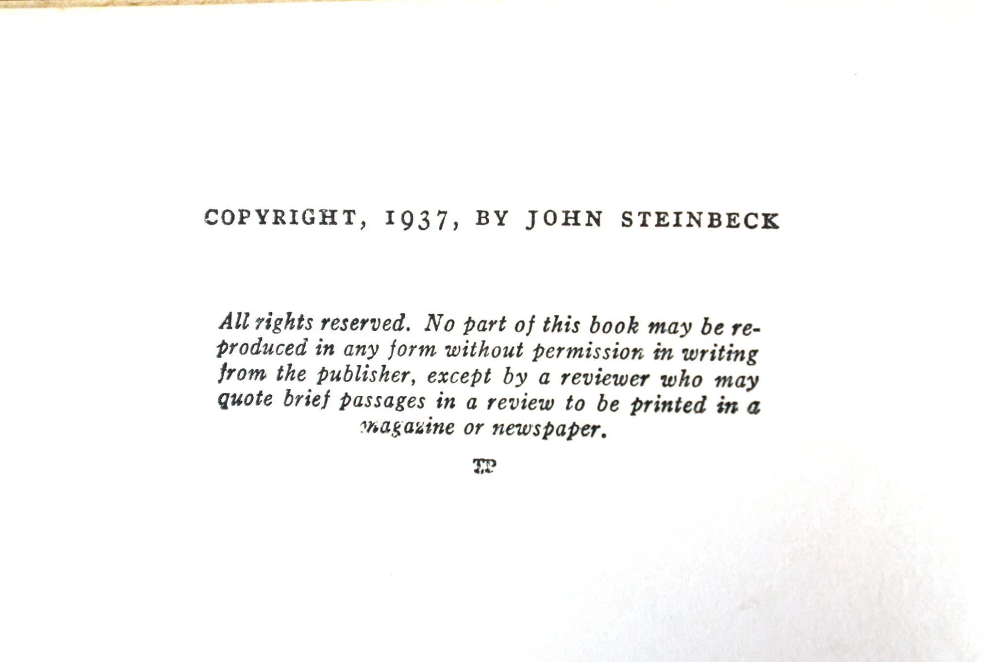 Of Mice and Men, John Steinbeck. P.F. Collier and Sons, 1937. First book club edition.