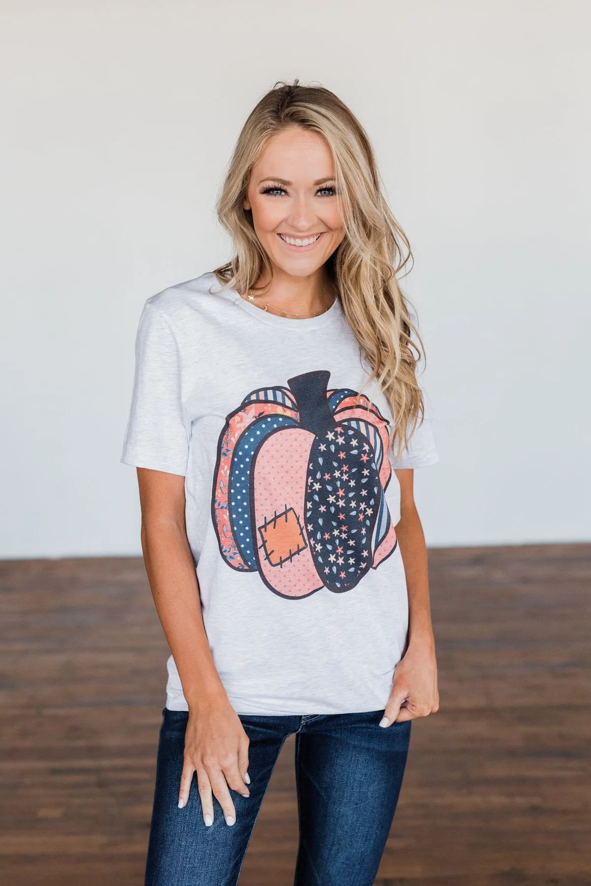 Patchwork Pumpkin Graphic Tee- Light Heather Grey