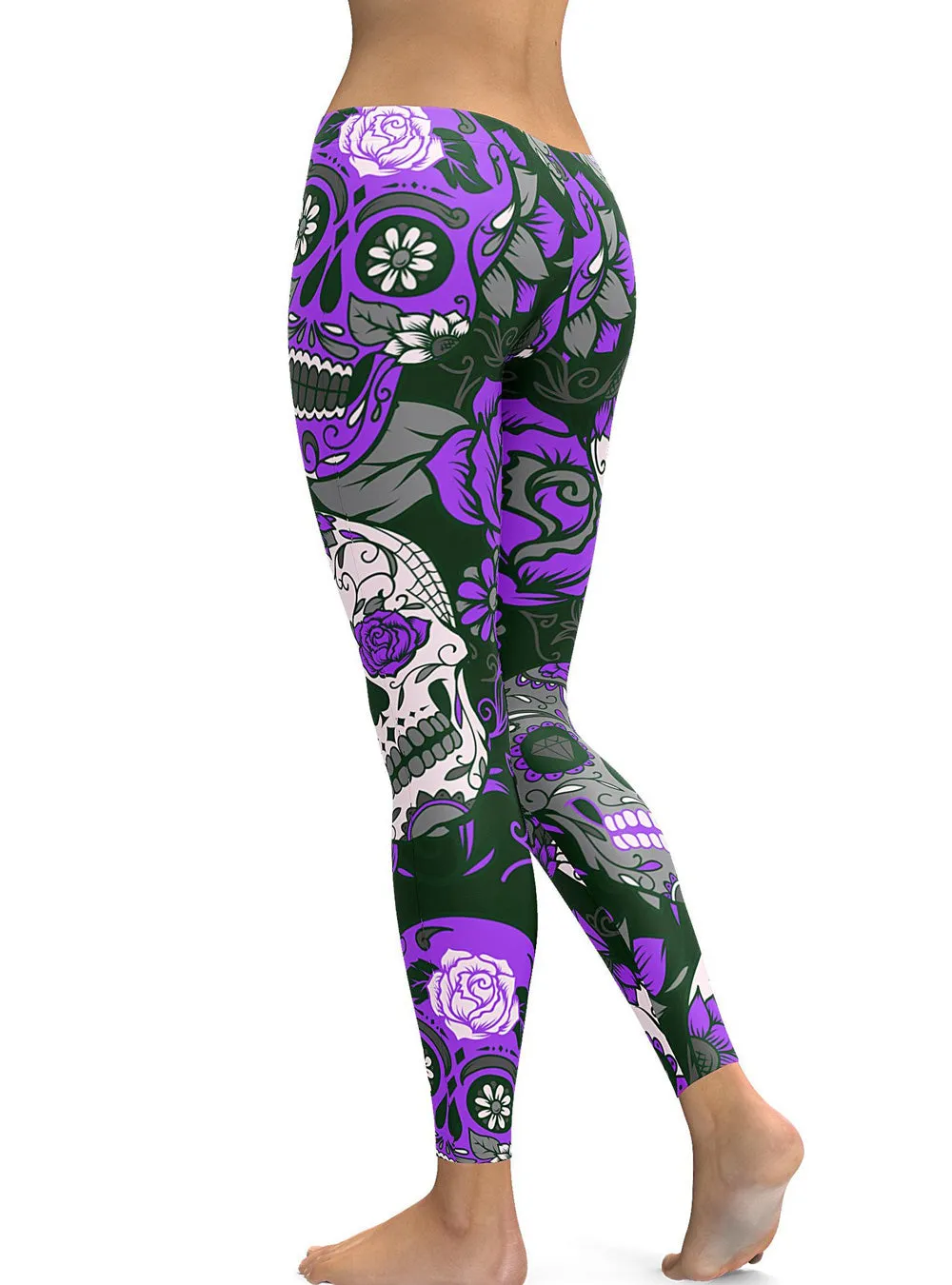 Purple Plus Size Halloween Floral Printed Sugar Skull Leggings