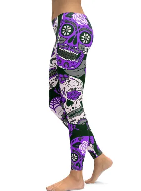 Purple Plus Size Halloween Floral Printed Sugar Skull Leggings