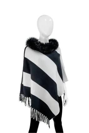 REVERSIBLE STRIPE PONCHO W/FUR COLLAR