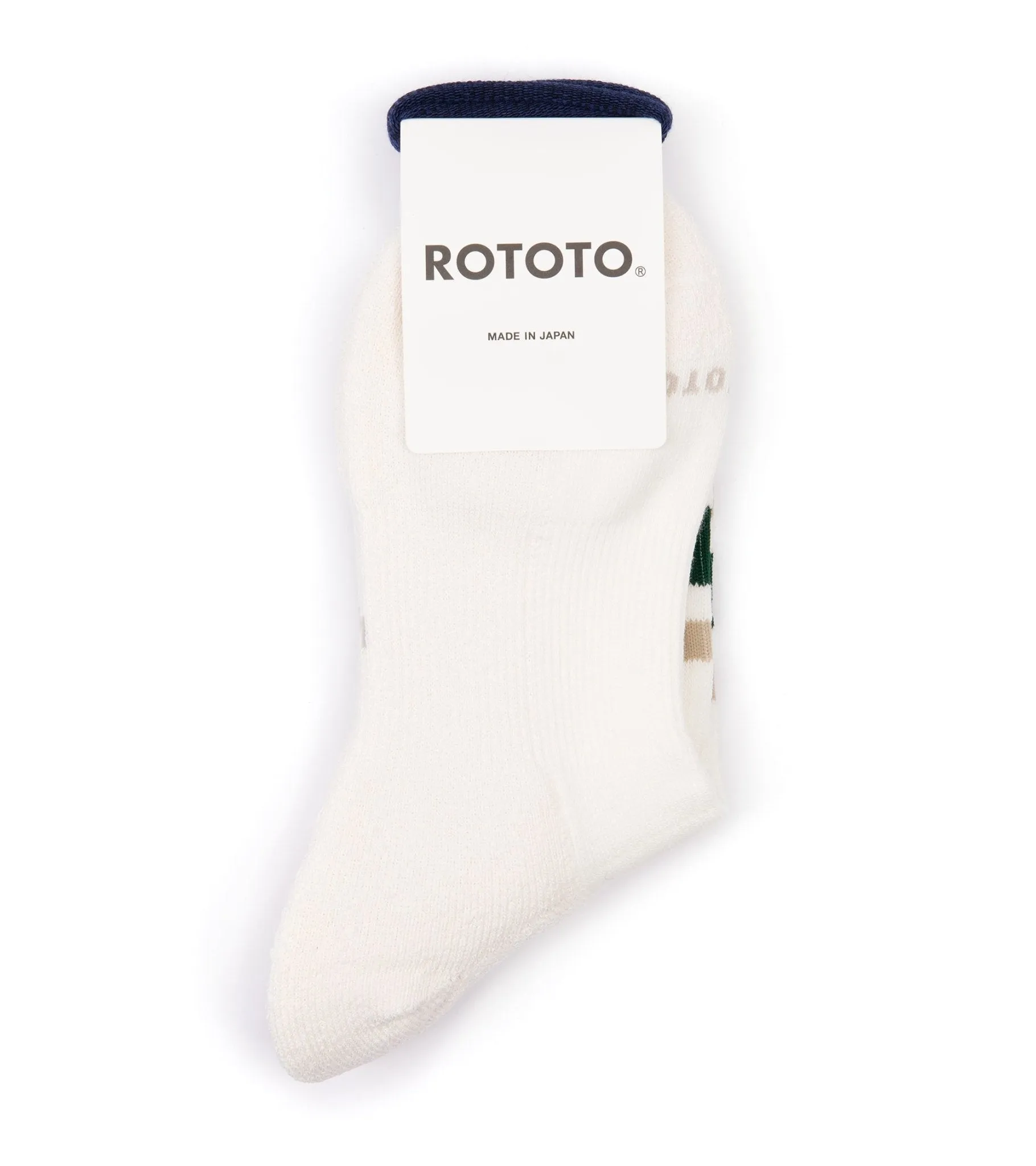 RoToTo Washi Cushion Stripe Crew Socks: Beige/Green