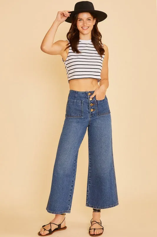 Stretch High Rise Wide Leg Cropped Denim Jean